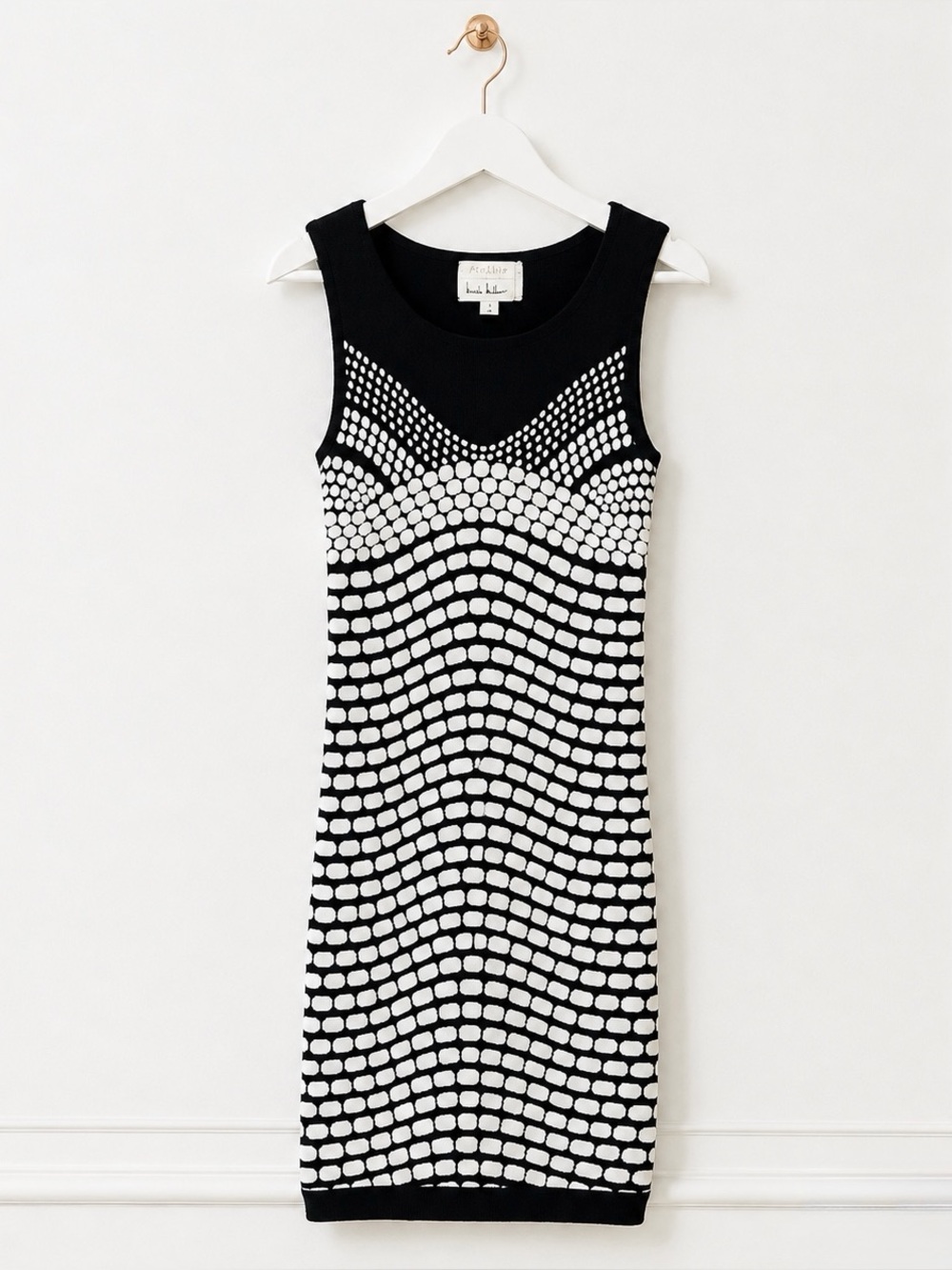 Nicole Miller Womens Size Small Black White Geometric Knit Sweater Sheath Dress